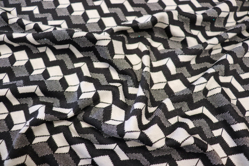 Geometric Stretch Jacquard Fabric Black Cream Grey Angular Pattern