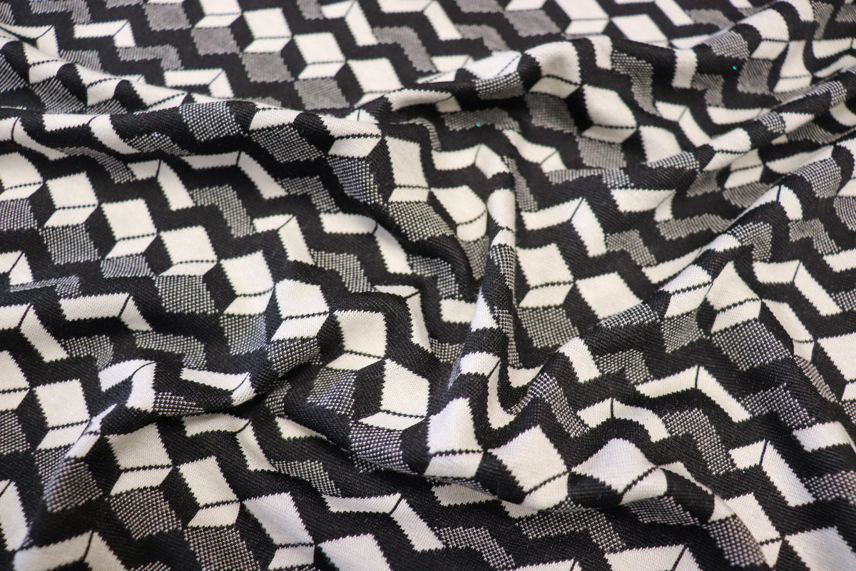 Geometric Stretch Jacquard Fabric Black Cream Grey Angular Pattern