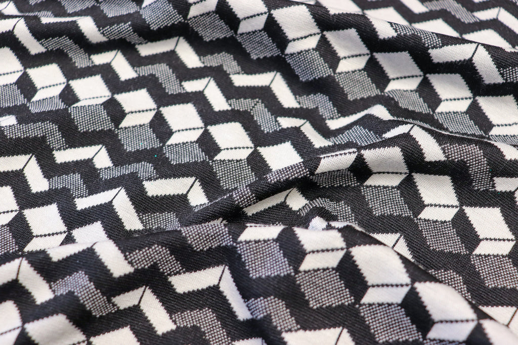 Geometric Stretch Jacquard Fabric Black Cream Grey Angular Pattern