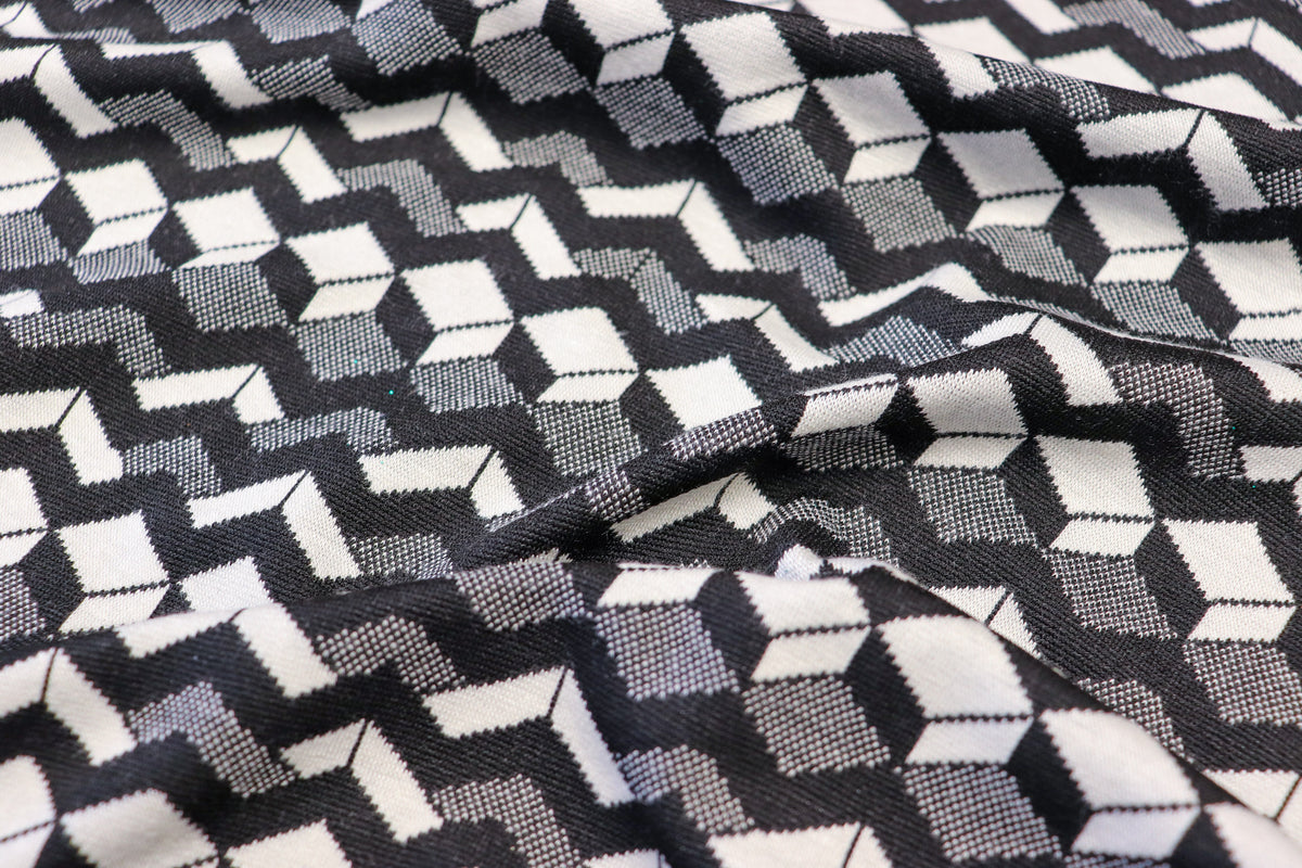 Geometric Stretch Jacquard Fabric Black Cream Grey Angular Pattern