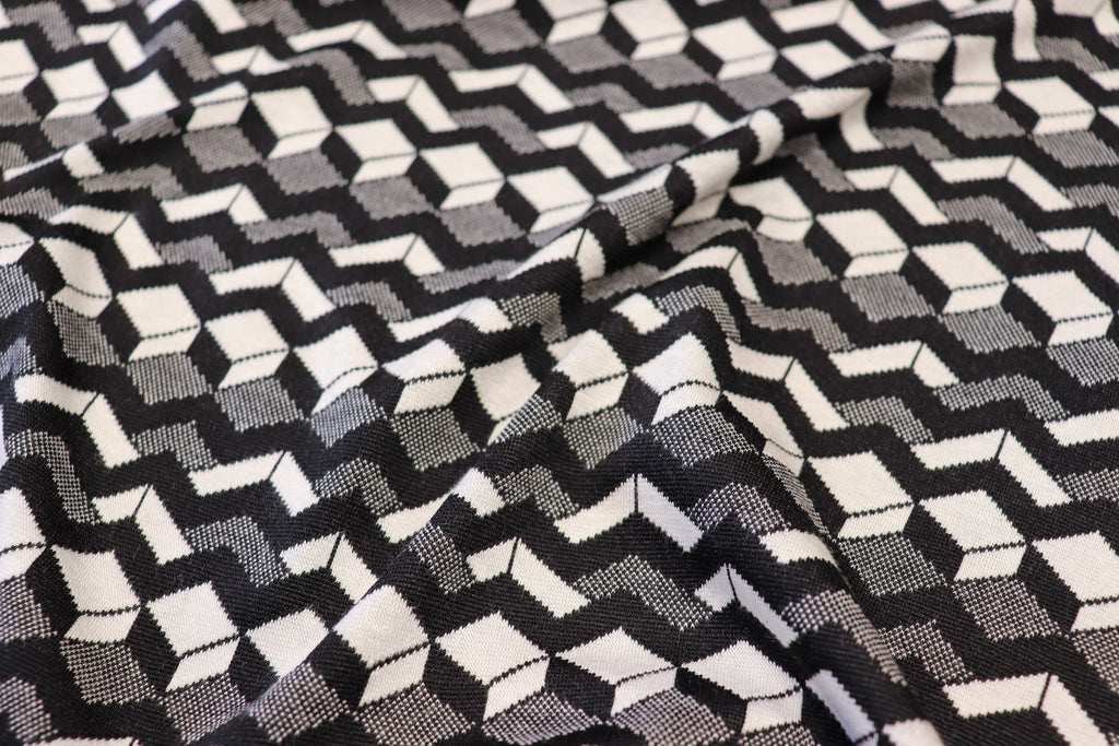 Geometric Stretch Jacquard Fabric Black Cream Grey Angular Pattern