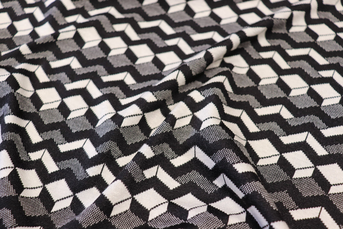 Geometric Stretch Jacquard Fabric Black Cream Grey Angular Pattern