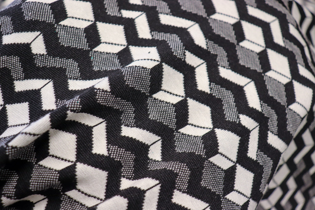Geometric Stretch Jacquard Fabric Black Cream Grey Angular Pattern