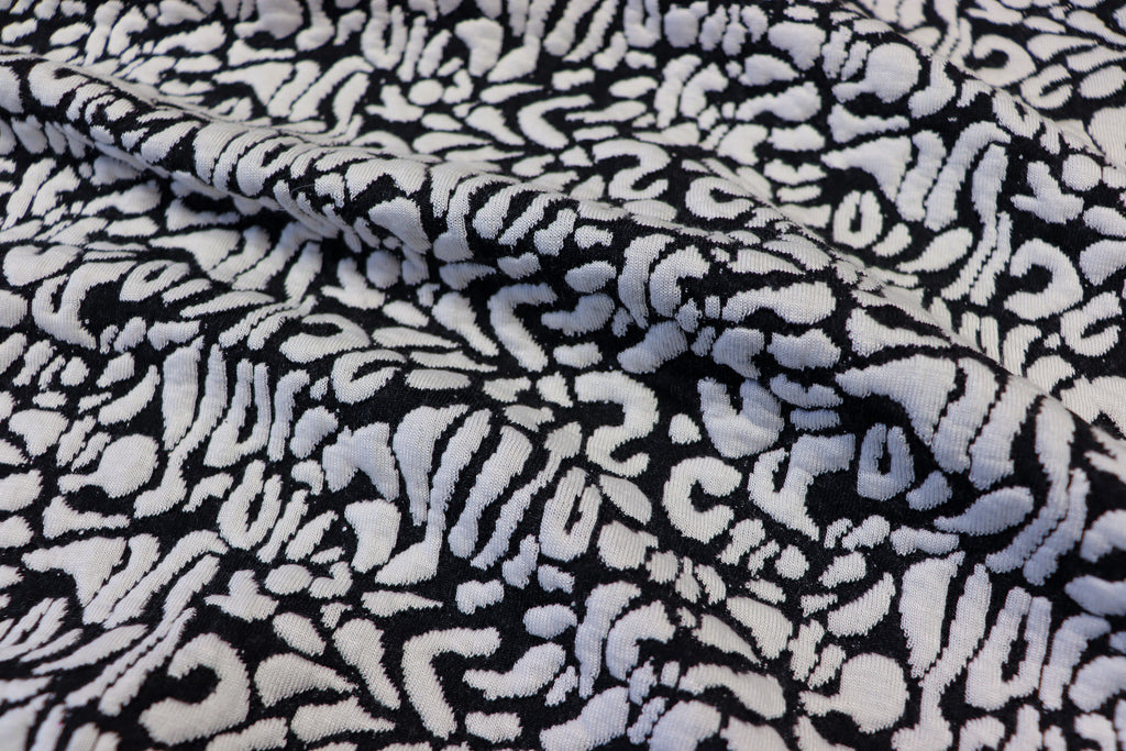 Black White Leopard Jacquard Fabric Raised Pattern Stretch