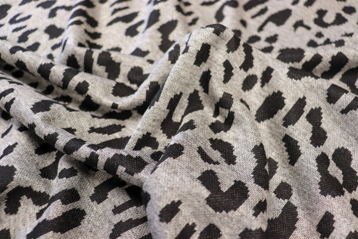 Grey Leopard Jacquard Fabric Black Spots Stretch Knit
