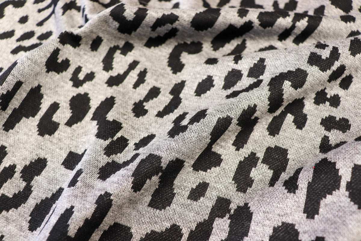 Grey Leopard Jacquard Fabric Black Spots Stretch Knit