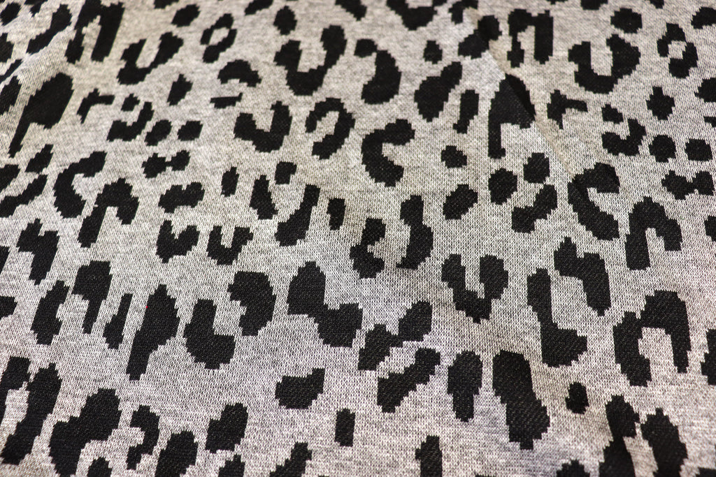 Grey Leopard Jacquard Fabric Black Spots Stretch Knit