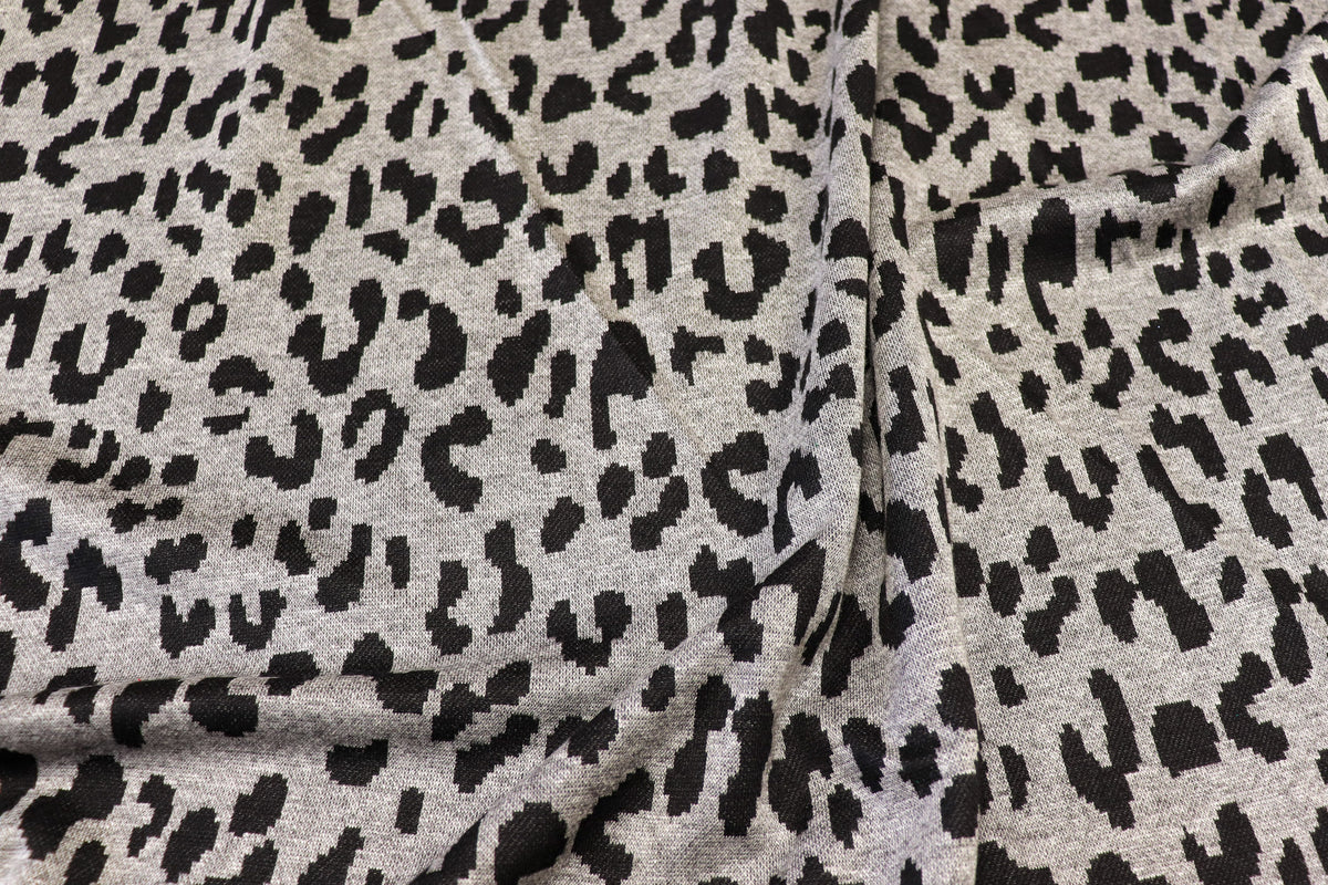 Grey Leopard Jacquard Fabric Black Spots Stretch Knit