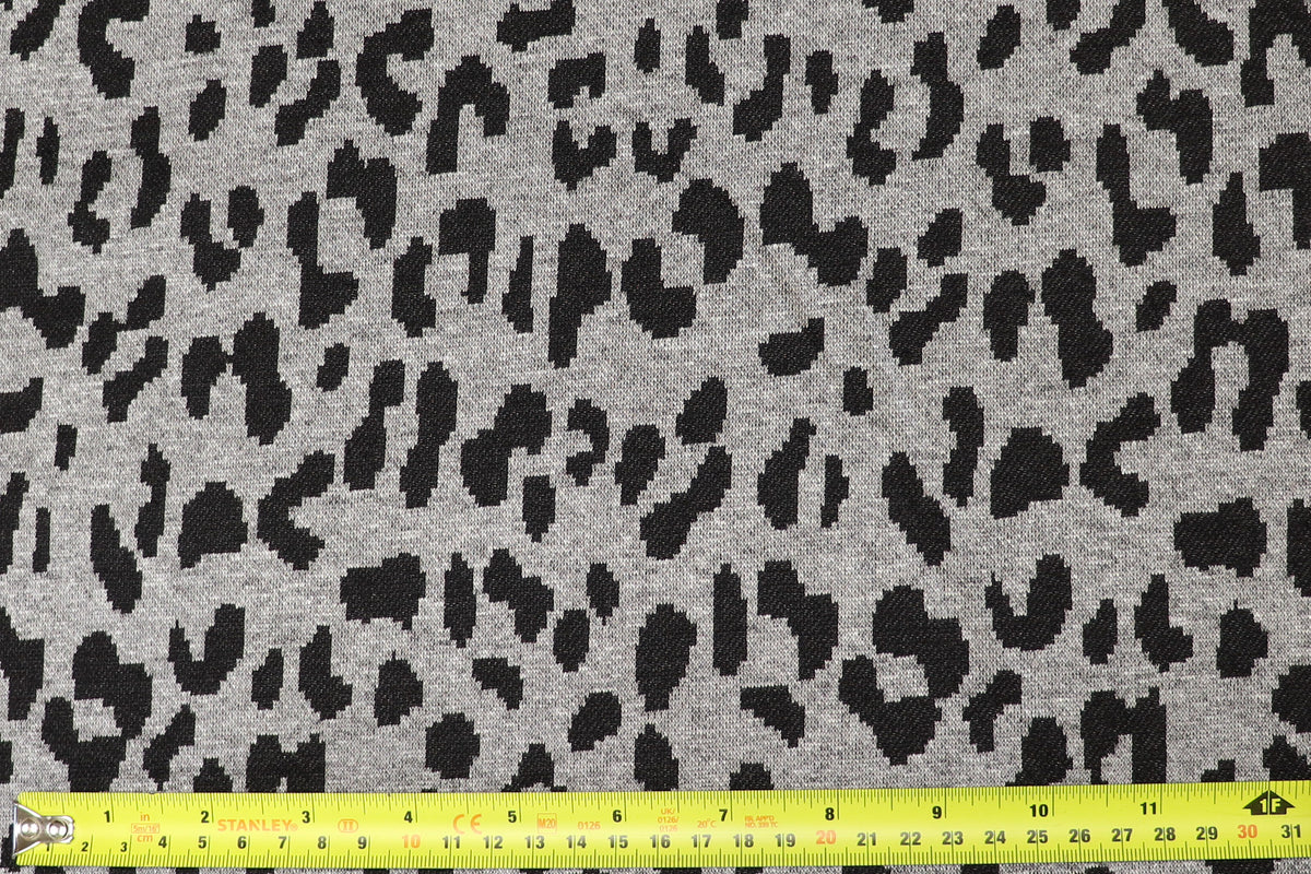 Grey Leopard Jacquard Fabric Black Spots Stretch Knit