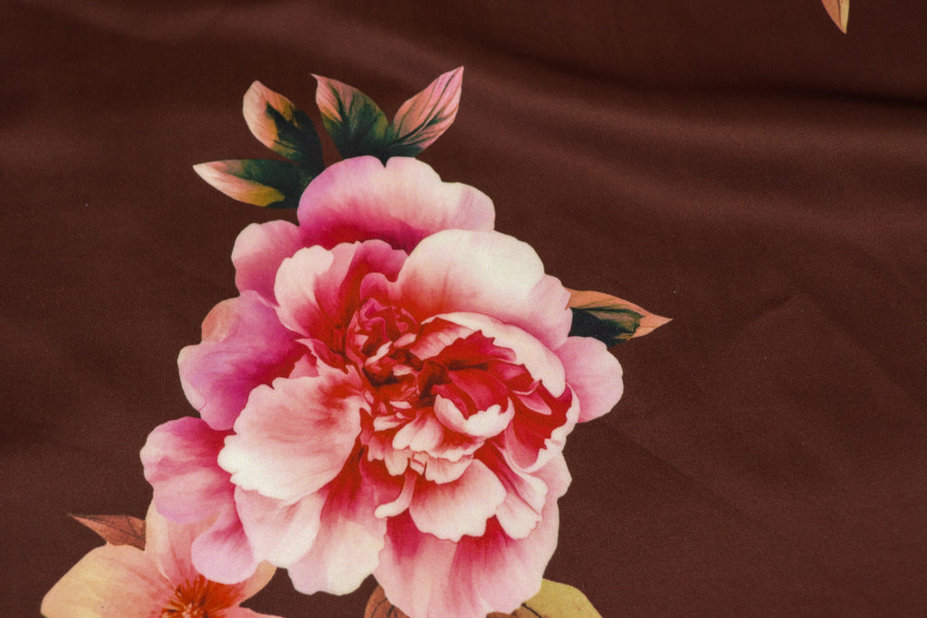 Floral Scuba Jersey Fabric Brown Peach Pink Yellow 2-Way Stretch