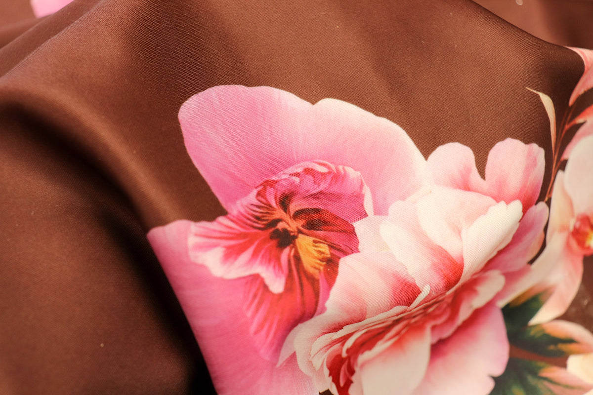 Floral Scuba Jersey Fabric Brown Peach Pink Yellow 2-Way Stretch