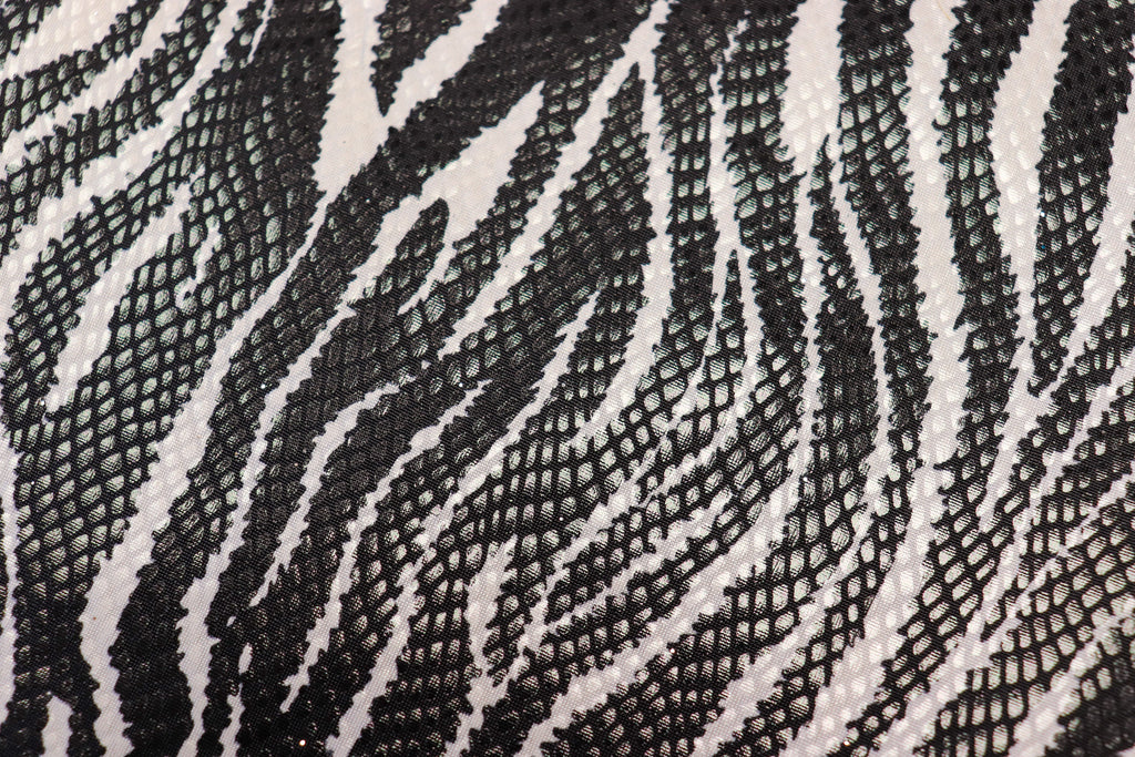 Black White Zebra Foil Fabric Shiny Scales All Way Stretch