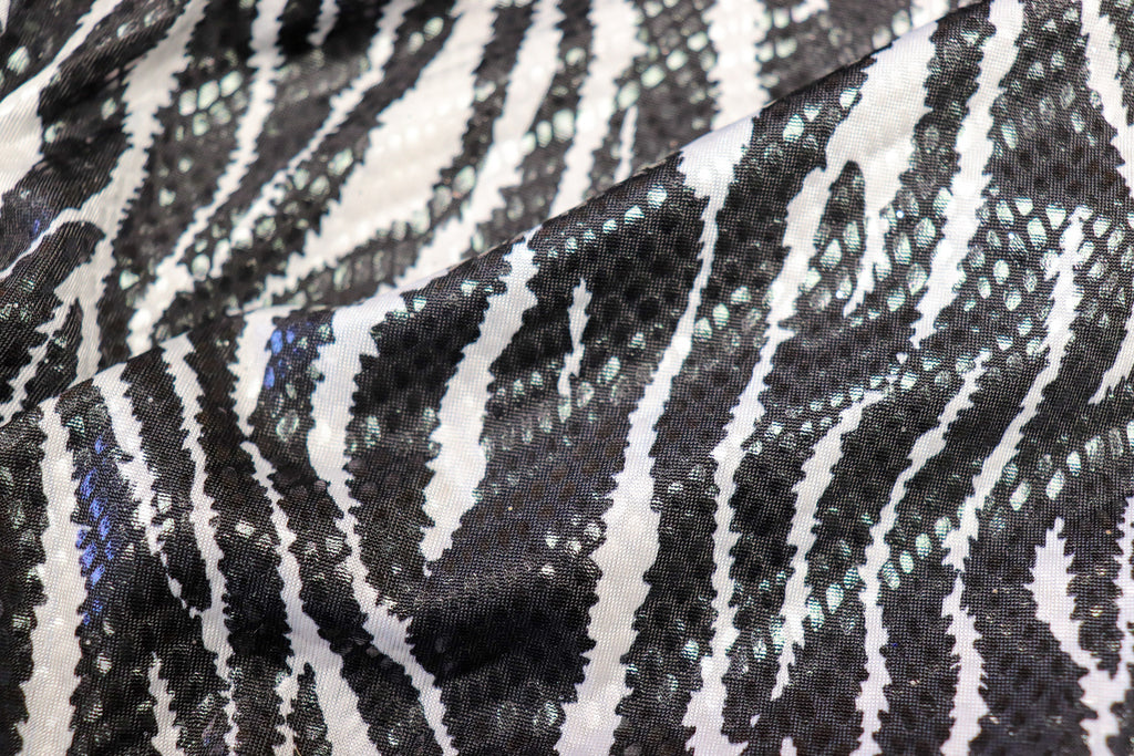Black White Zebra Foil Fabric Shiny Scales All Way Stretch