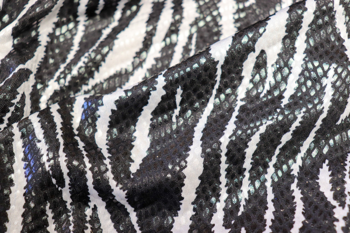 Black White Zebra Foil Fabric Shiny Scales All Way Stretch