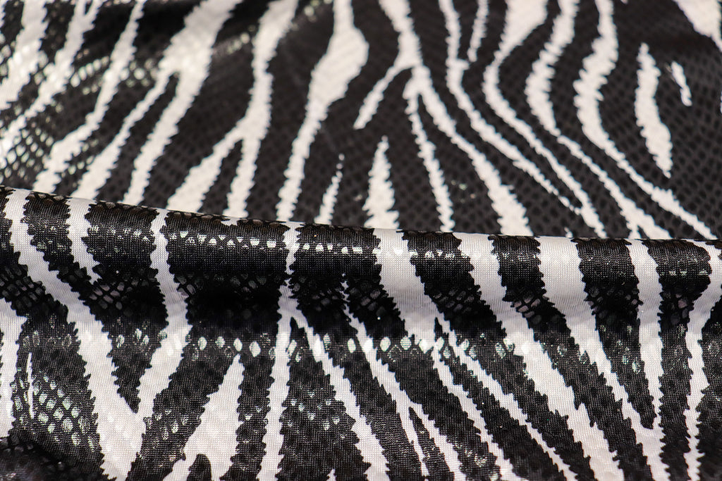 Black White Zebra Foil Fabric Shiny Scales All Way Stretch