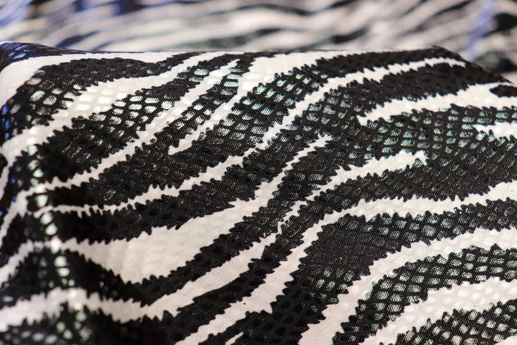 Black White Zebra Foil Fabric Shiny Scales All Way Stretch