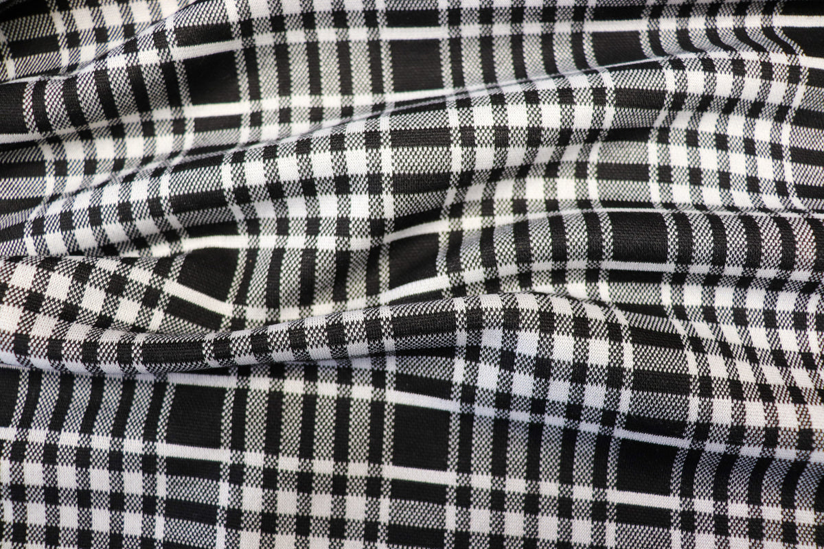 Black White Check Jacquard Fabric Stretch Knit Tartan