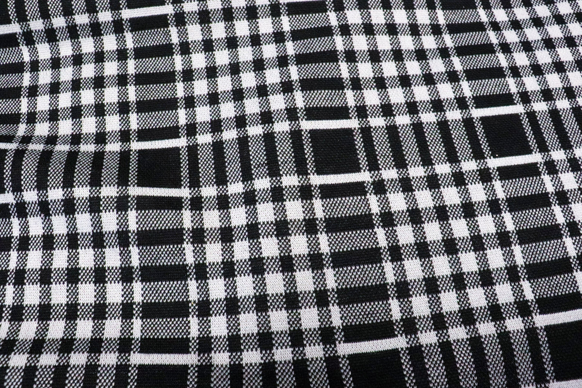 Black White Check Jacquard Fabric Stretch Knit Tartan