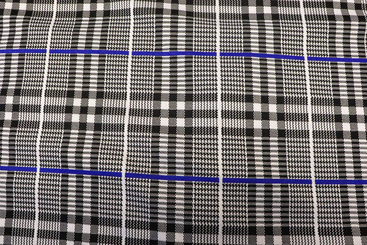 Black White Check Jacquard Fabric Royal Blue Lines Stretch