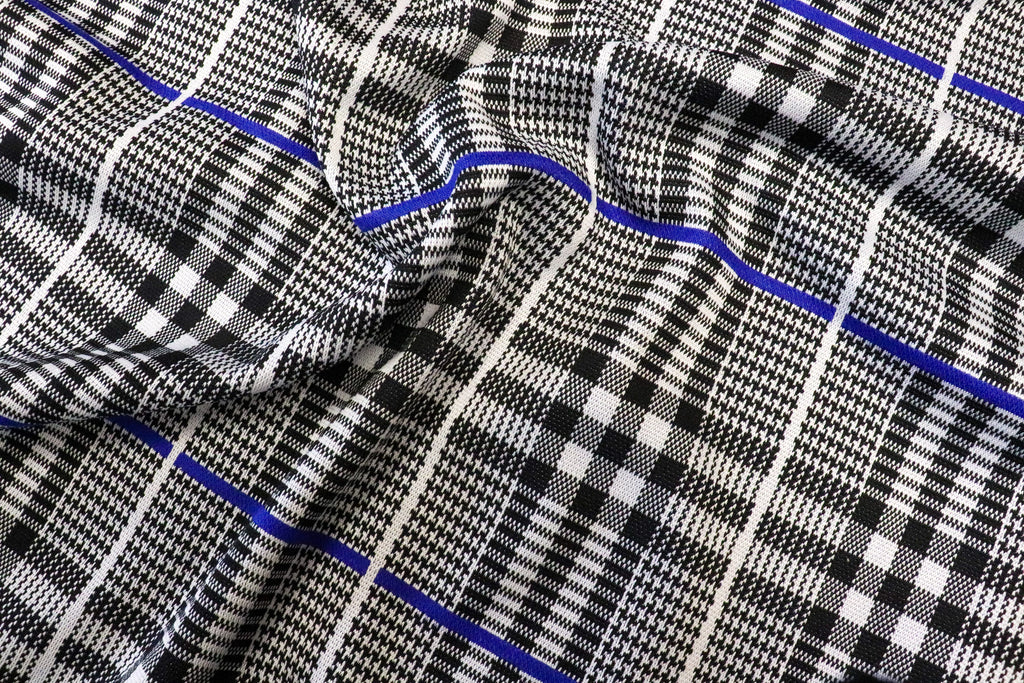 Black White Check Jacquard Fabric Royal Blue Lines Stretch