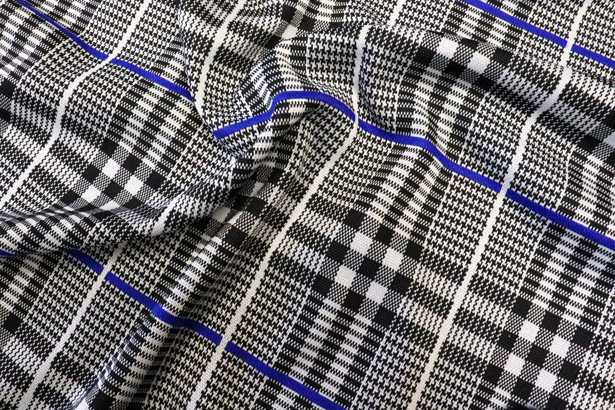Black White Check Jacquard Fabric Royal Blue Lines Stretch