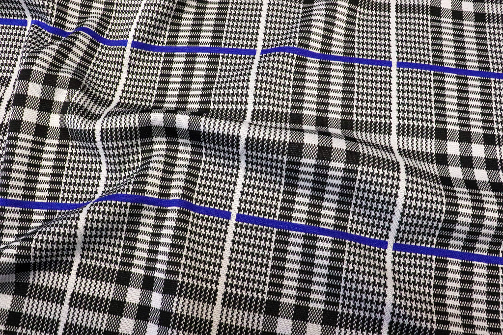 Black White Check Jacquard Fabric Royal Blue Lines Stretch