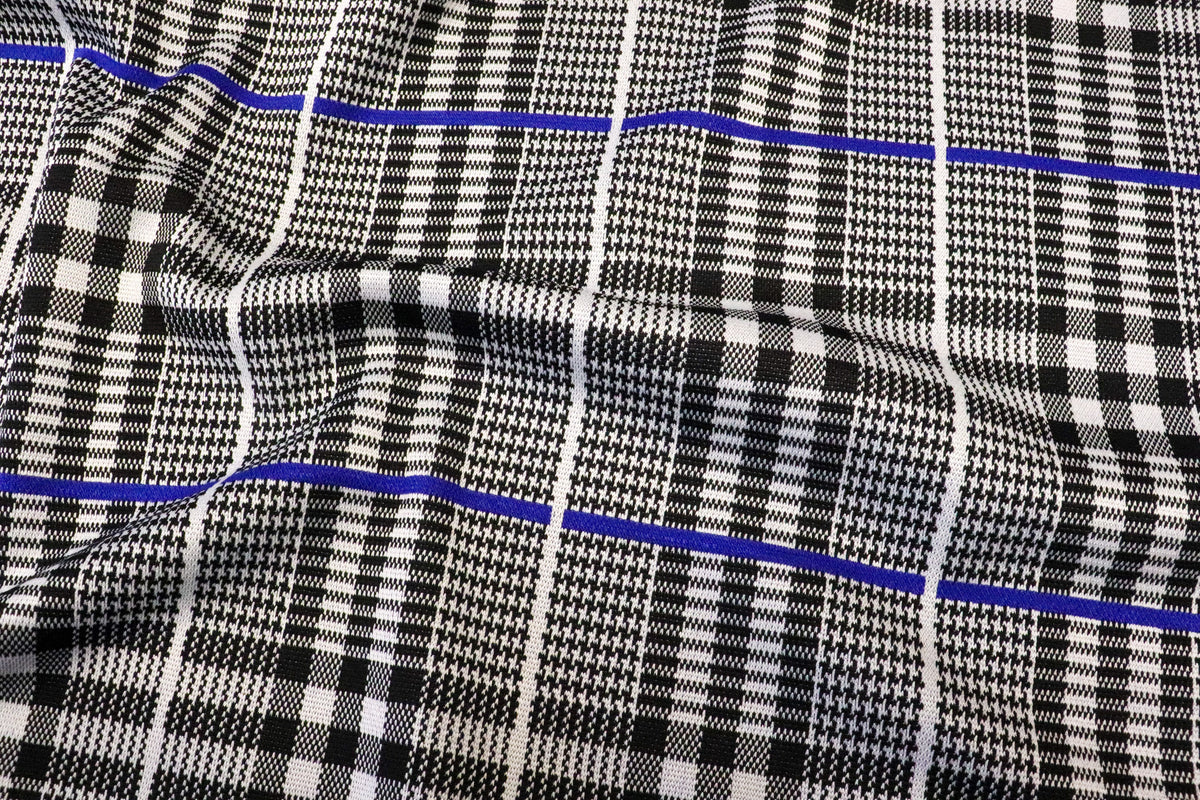 Black White Check Jacquard Fabric Royal Blue Lines Stretch
