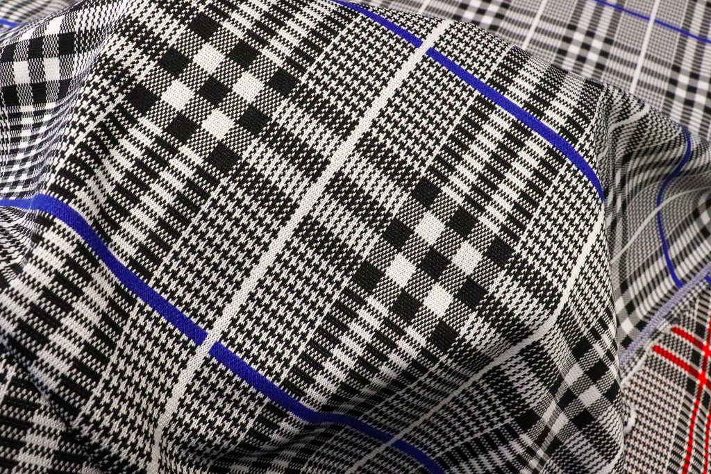 Black White Check Jacquard Fabric Royal Blue Lines Stretch