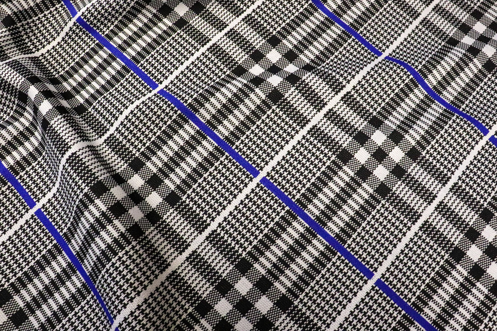 Black White Check Jacquard Fabric Royal Blue Lines Stretch