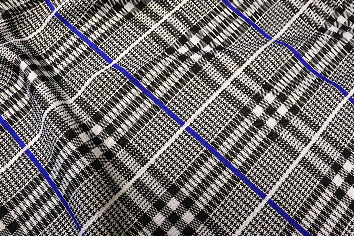 Black White Check Jacquard Fabric Royal Blue Lines Stretch
