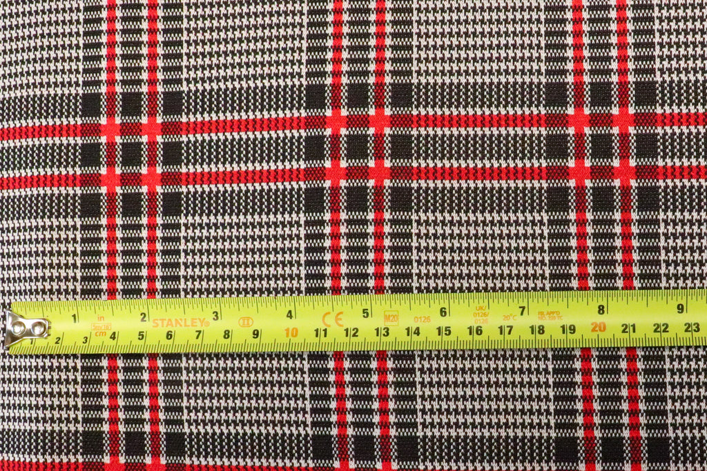 Black White Tartan Jacquard Fabric Red Accent Lines Stretch
