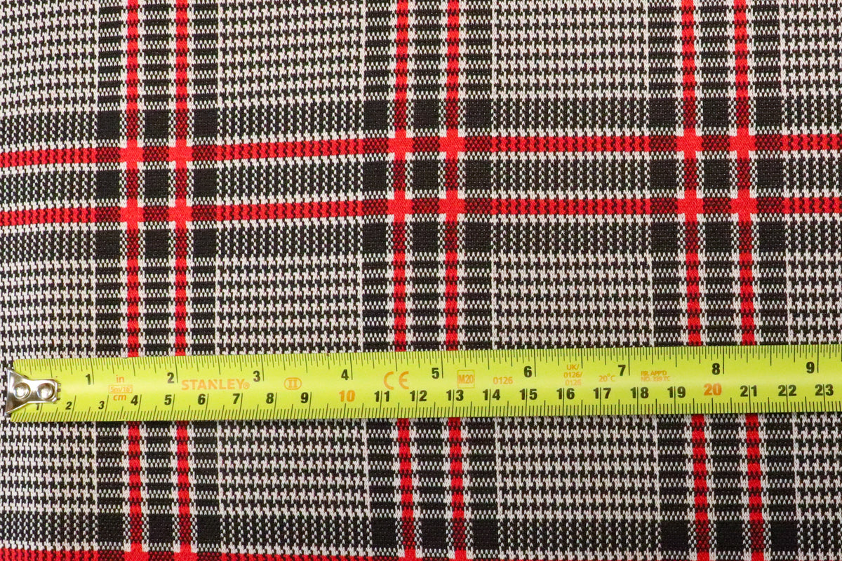 Black White Tartan Jacquard Fabric Red Accent Lines Stretch