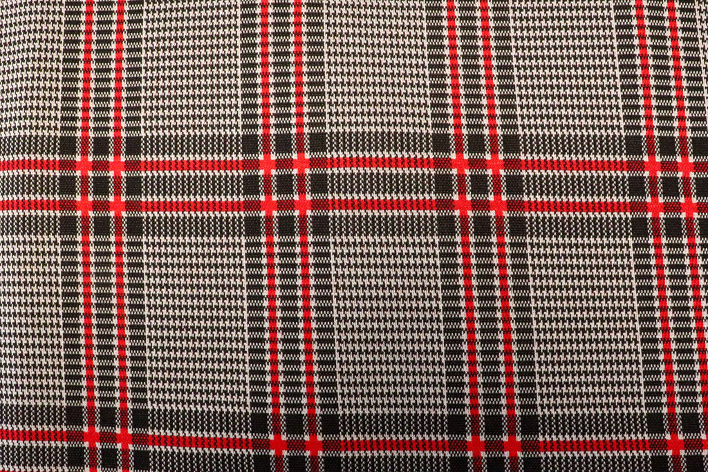 Black White Tartan Jacquard Fabric Red Accent Lines Stretch