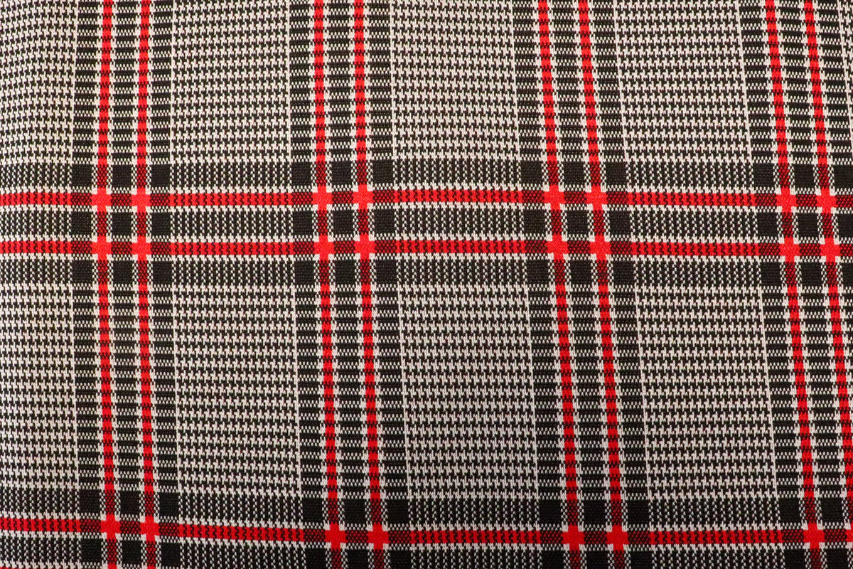 Black White Tartan Jacquard Fabric Red Accent Lines Stretch