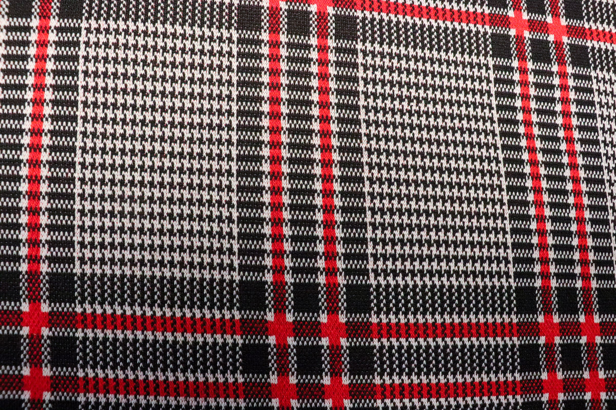 Black White Tartan Jacquard Fabric Red Accent Lines Stretch