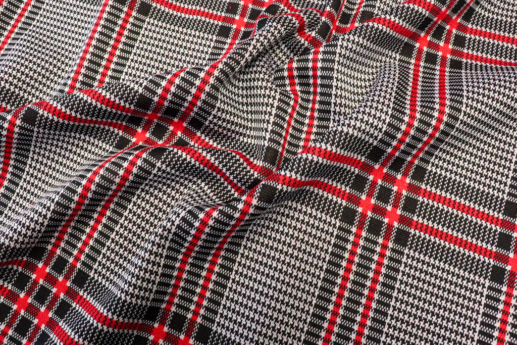Black White Tartan Jacquard Fabric Red Accent Lines Stretch