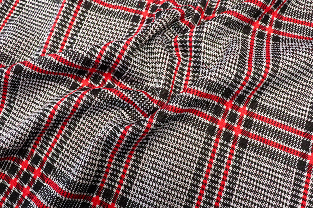 Black White Tartan Jacquard Fabric Red Accent Lines Stretch