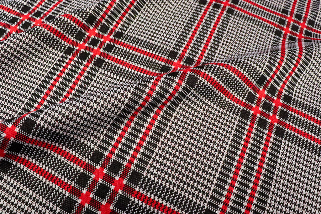 Black White Tartan Jacquard Fabric Red Accent Lines Stretch