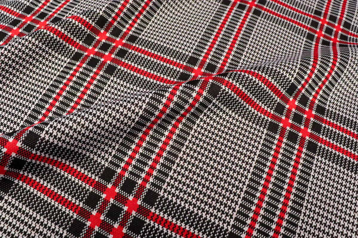Black White Tartan Jacquard Fabric Red Accent Lines Stretch