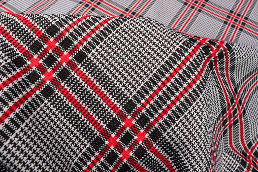 Black White Tartan Jacquard Fabric Red Accent Lines Stretch