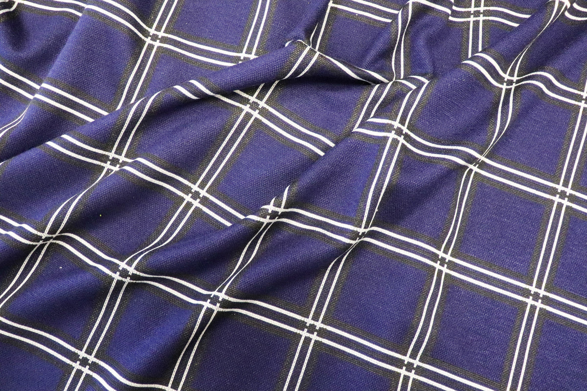 Navy Check Jacquard Fabric Black White Lines with Stretch