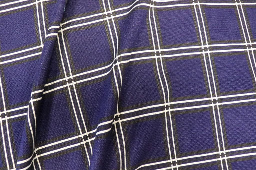 Navy Check Jacquard Fabric Black White Lines with Stretch
