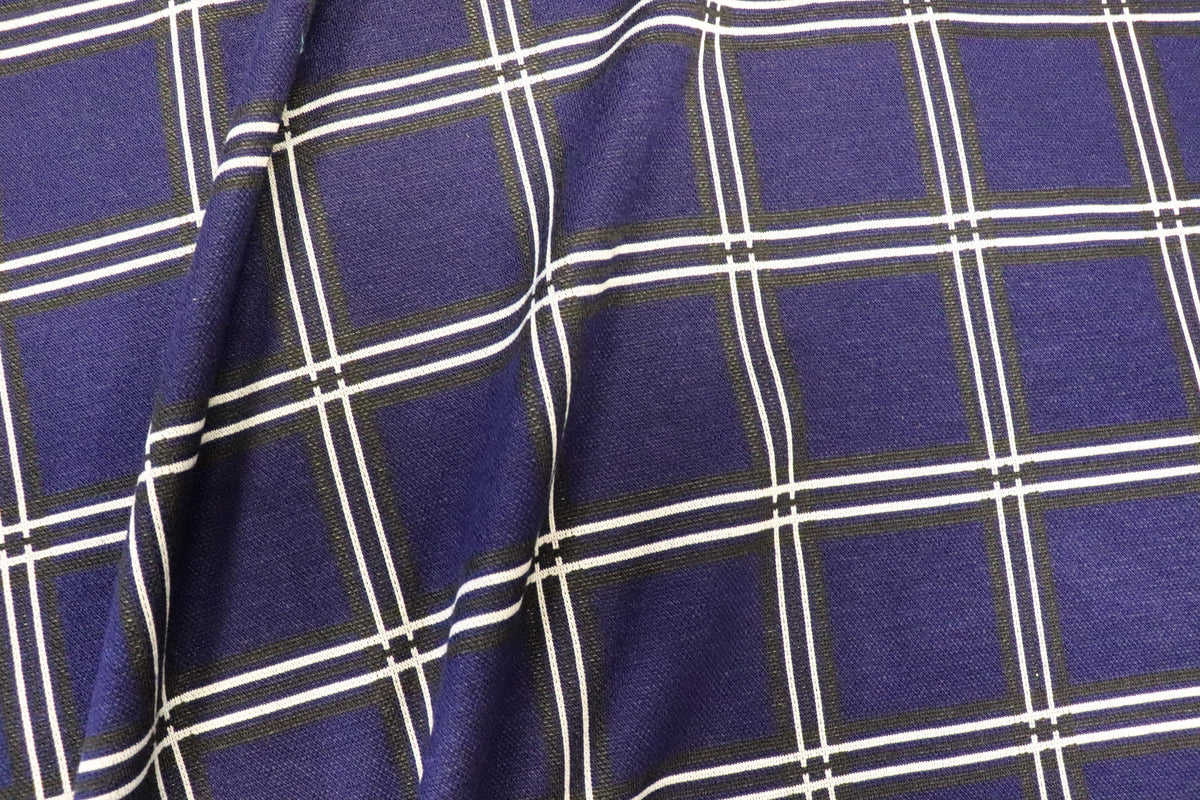 Navy Check Jacquard Fabric Black White Lines with Stretch