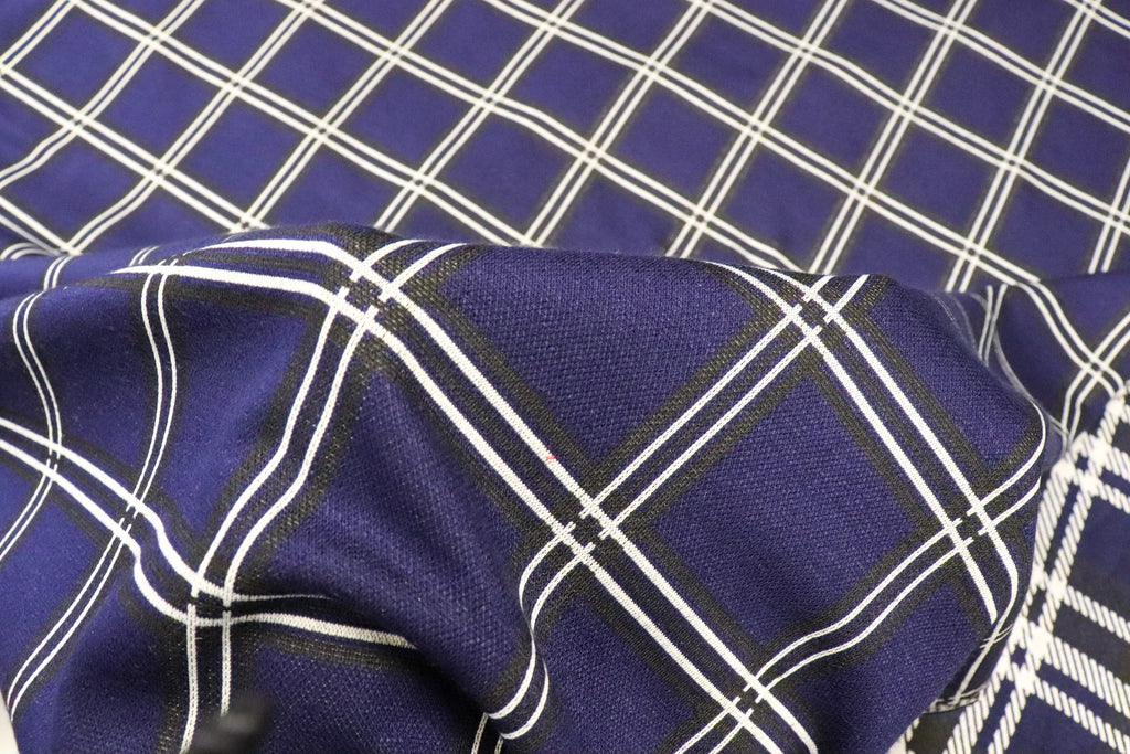 Navy Check Jacquard Fabric Black White Lines with Stretch