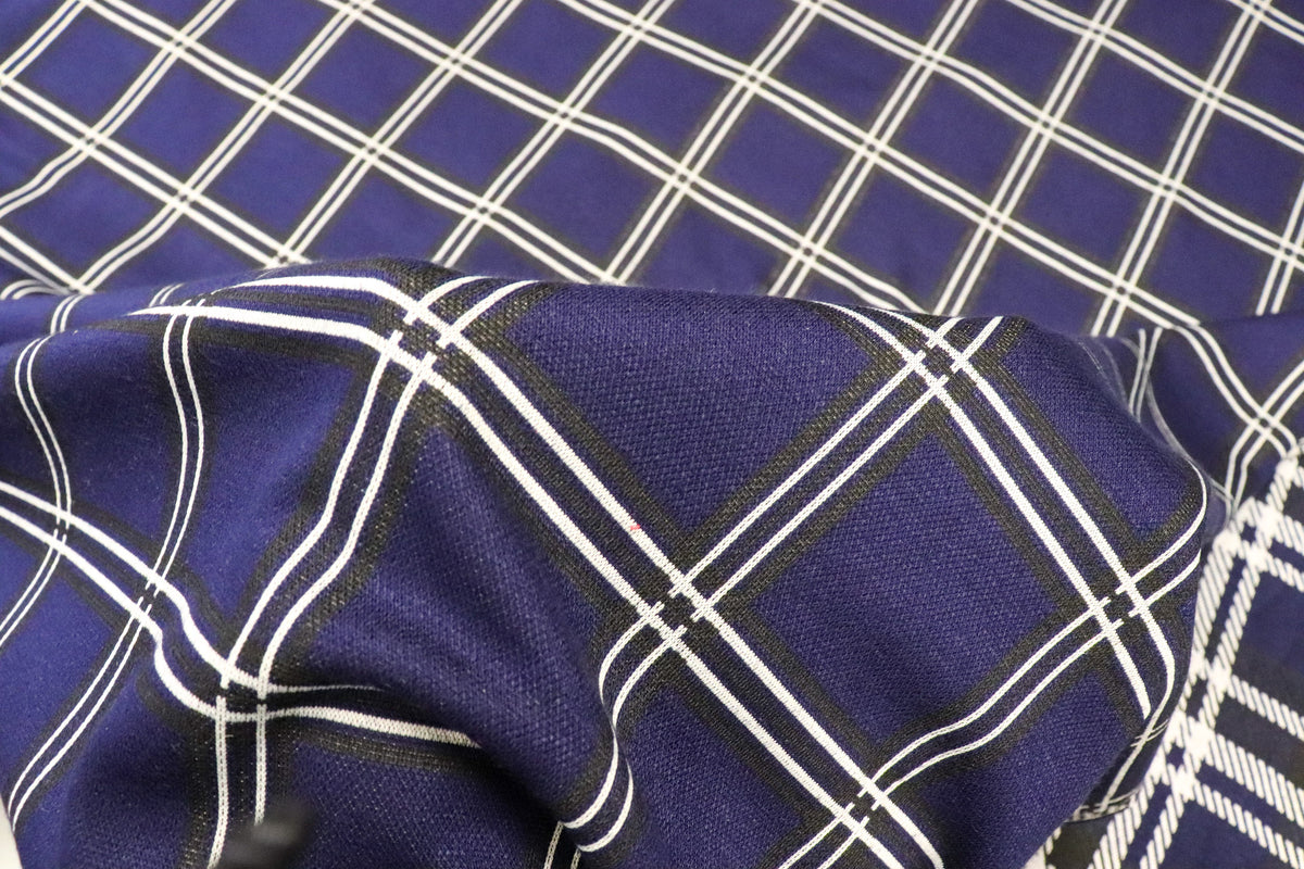 Navy Check Jacquard Fabric Black White Lines with Stretch