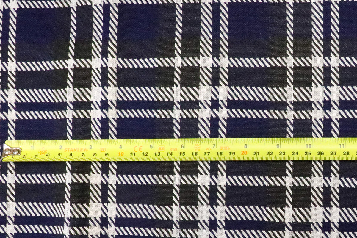 Navy Tartan Jacquard Fabric Black White Lines with Stretch