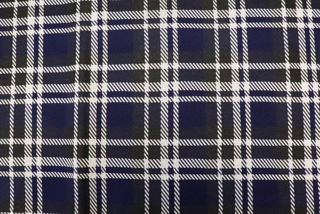 Navy Tartan Jacquard Fabric Black White Lines with Stretch