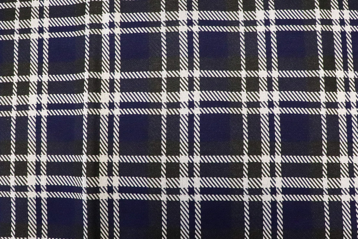 Navy Tartan Jacquard Fabric Black White Lines with Stretch