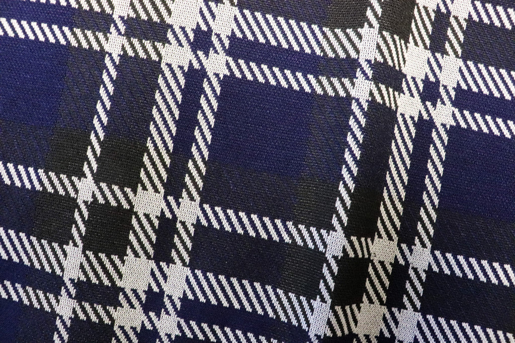 Navy Tartan Jacquard Fabric Black White Lines with Stretch