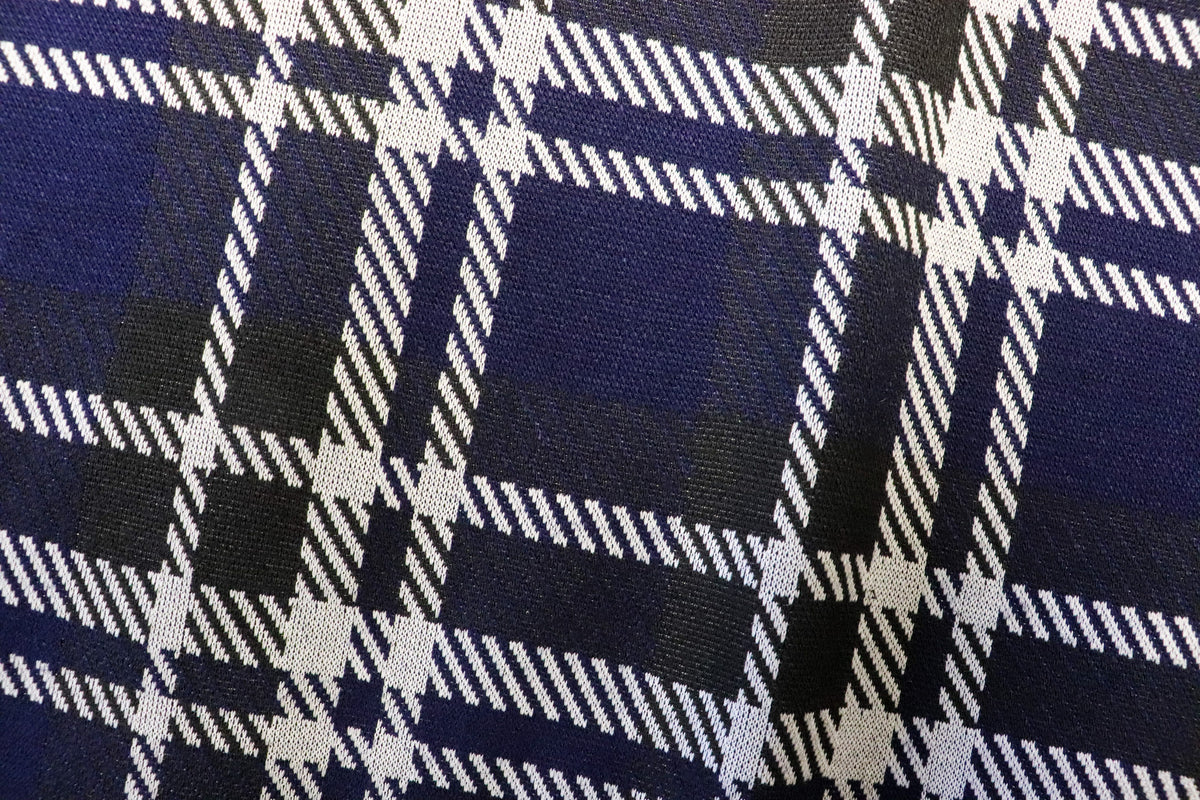 Navy Tartan Jacquard Fabric Black White Lines with Stretch
